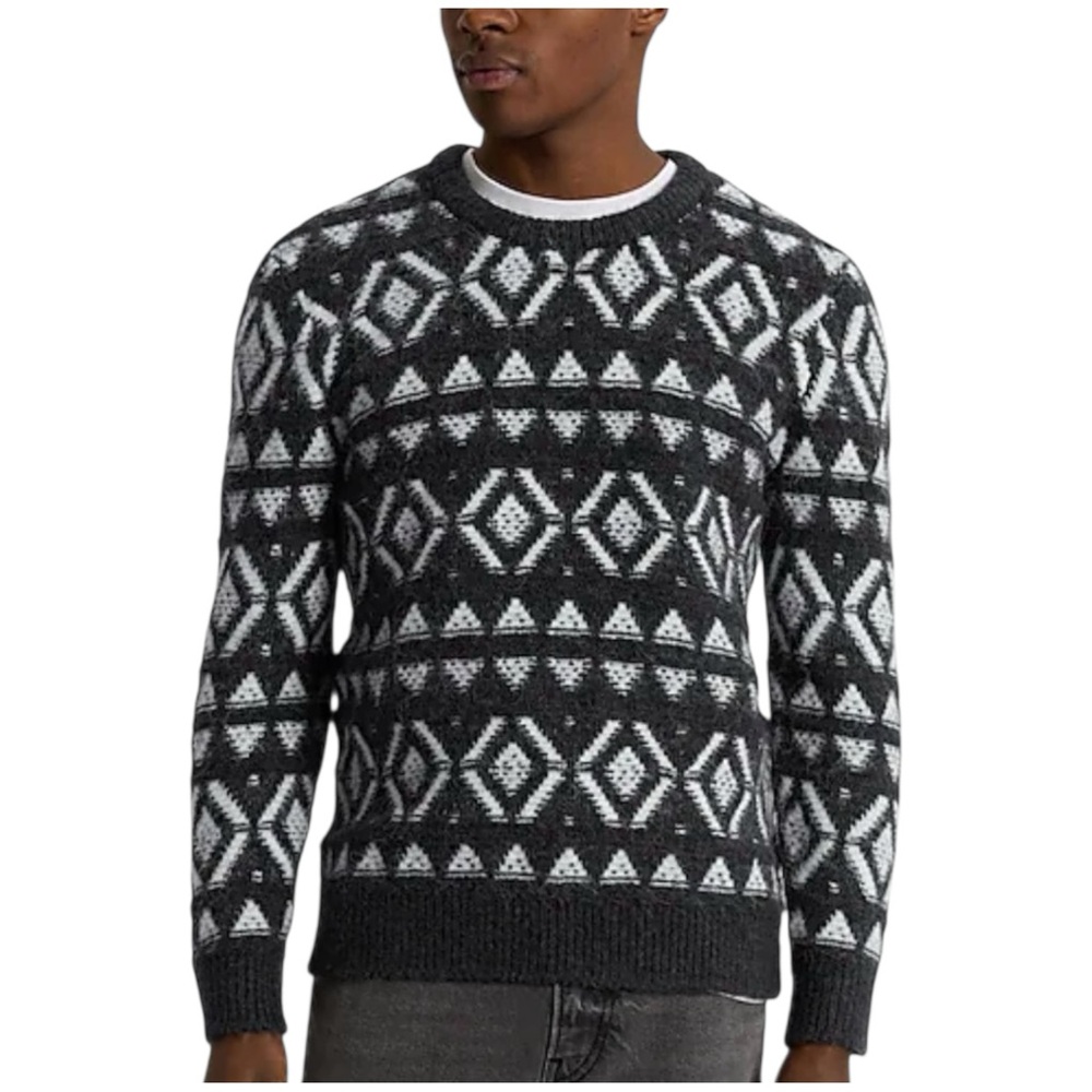 Express NWT Charcoal Gray Fair Isle Brushed Texture Fuzzy Crew Neck Sweater New